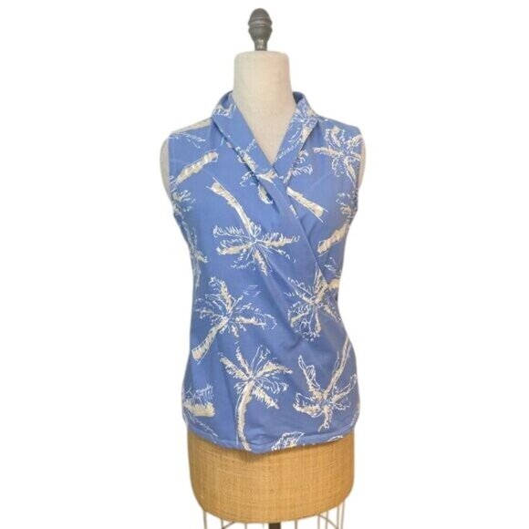 Missy Maude Blue Palm Tree Preppy Stretch Top Large - Picture 1 of 4